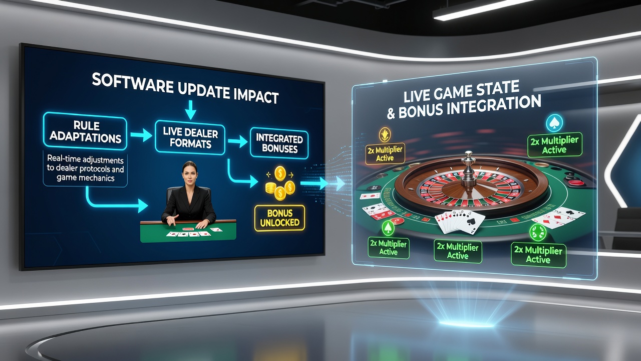 Close-up of live dealer table with overlaid bonus tracker and rule adaptation indicators on screen